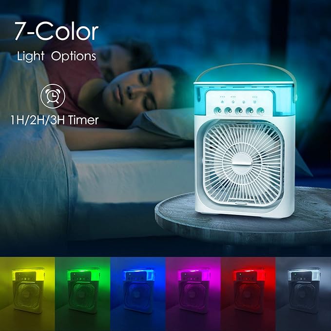 "Portable Mini Air Conditioner Fan – 3 Speeds, 3 Spray Modes & 7-Color LED with Timer"