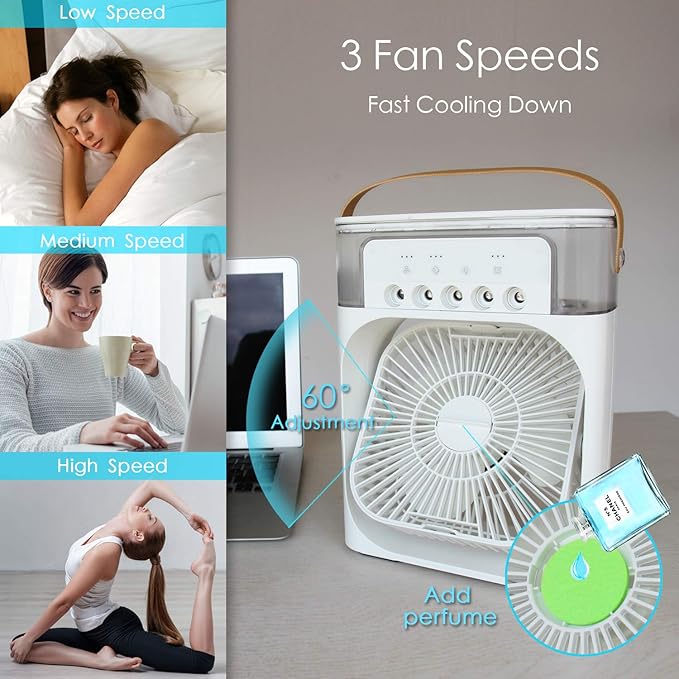 "Portable Mini Air Conditioner Fan – 3 Speeds, 3 Spray Modes & 7-Color LED with Timer"