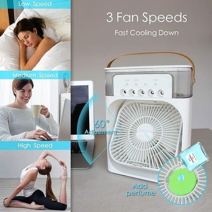"Portable Mini Air Conditioner Fan – 3 Speeds, 3 Spray Modes & 7-Color LED with Timer"